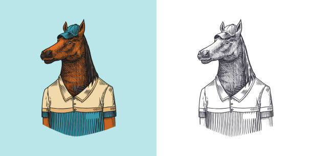 stockillustraties, clipart, cartoons en iconen met horse character in coat. dobbin polo player. fashionable animal, vitorian gentleman in a jacket. hand drawn engraved old monochrome sketch. vector illustration for t-shirt, tattoo or badge or print - gekke paarden