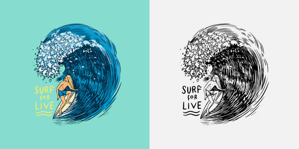 Surfer rides the waves on a board. Summer Surf sign. California card. Vintage Man on the surfboard, beach and sea. Engraved emblem hand drawn Surfer rides the waves on a board. Summer Surf sign. California card. Vintage Man on the surfboard, beach and sea. Engraved emblem hand drawn. Vector illustration drawing of the hawaii islands stock illustrations