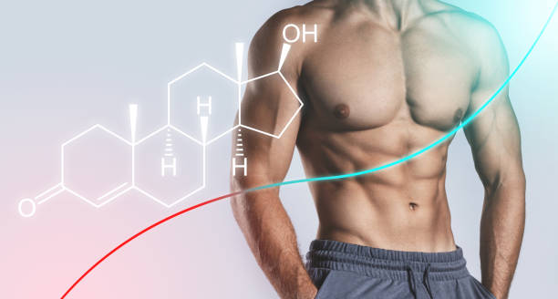 Muscular male torso and testosterone formula. Concept of hormone increasing methods. Muscular male torso and testosterone formula against gray background. Concept of hormone increasing methods. low quality of life stock pictures, royalty-free photos & images