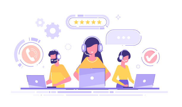 smiling office operators with headsets characters. customer service, hotline operators, technical  global support, customer support department staff. modern vector illustration. - hizmet stock illustrations