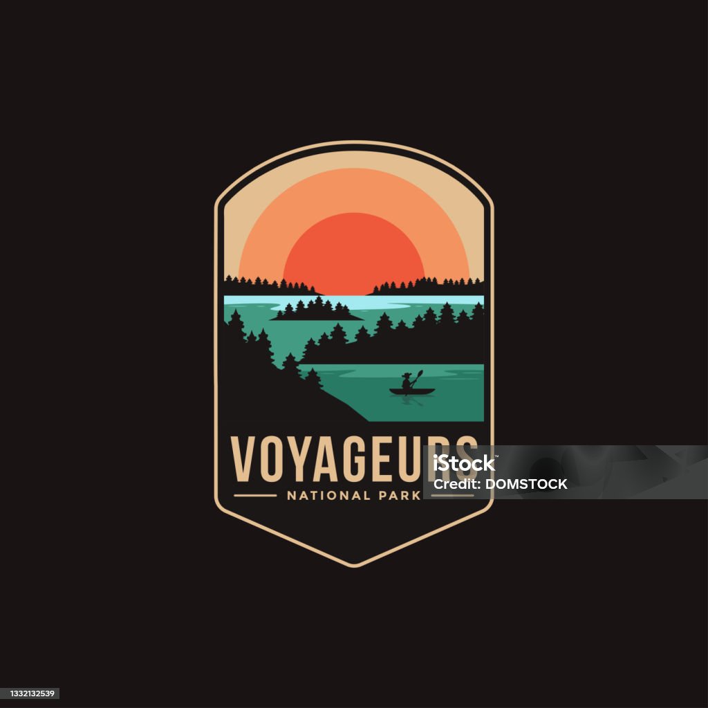 Emblem patch vector illustration of Voyageurs National Park on dark background - 免版稅商標圖庫向量圖形