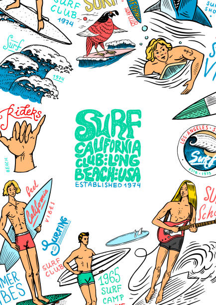 illustrations, cliparts, dessins animés et icônes de affiche de surf. bannière vintage surfer. retro wave et palme. carte californie d’été. homme sur la planche de surf, la plage et la mer. emblème gravé dessiné à la main. sport à hawaï en arrière-plan - gravure surf