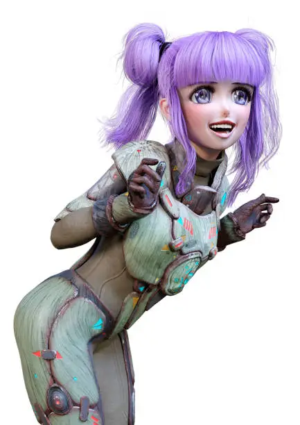 3D rendering of an anime teenager girl with purple hair in an astronaut suit isolated on white background