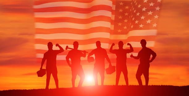istock Worker on the USA flag background . Labor day holiday concept. 1332134309