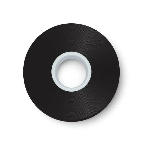 Vector illustration of Black adhesive tape roll. Sticky duct paper rolled up vector illustration. Flat lay of realistic plastic packaging tool on white background