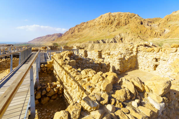 Ancient site of Qumran, North West of the Dead Sea View of the ancient site of Qumran, North West of the Dead Sea, Southern Israel dead sea scrolls stock pictures, royalty-free photos & images