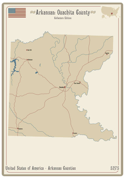 Map on an old playing card of Ouachita county in Arkansas, USA.