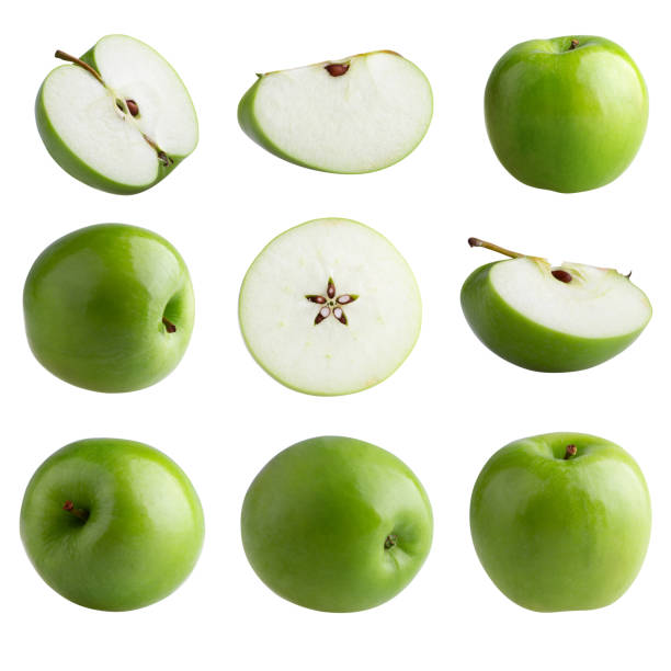 istock Green apple and cut slice with seed isolated on white background. 1332138492