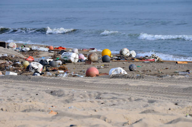 Marine garbage is scattered on the coast stock photo
