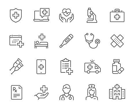 Medical Icons Set. Such as Doctor, Nurse, Ambulance, Pills, Hospital, Prescription, Thermometer, and others. Editable vector stroke.