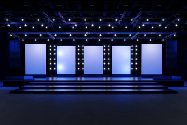 empty stage design for mockup and corporate identity,display.platform elements in hall.blank screen system for graphic resources.scene event led night light staging,3d render. - empty theater imagens e fotografias de stock
