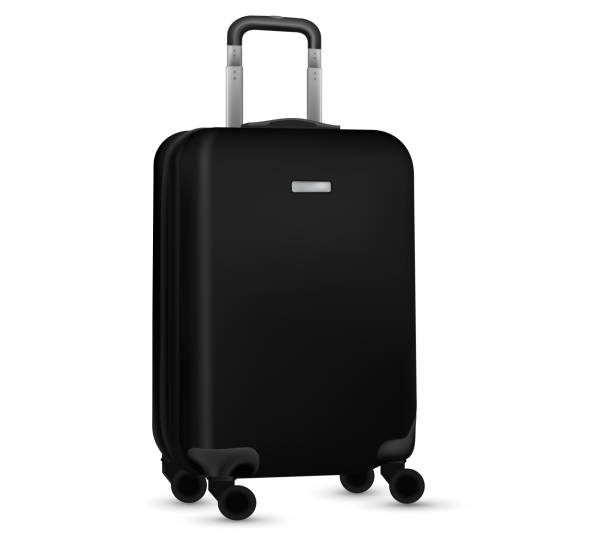 istock Baggage isolated. Set of black travel plastic suitcase or vacation bag on white background. Summer vacation and product advertisement concept. 1332140854