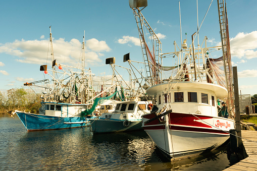 Delcambre, Louisiana, USA - November 21, 2020: A trio of shrimping boats docked in the  harbor in the shrimping capitol of  Acadia.