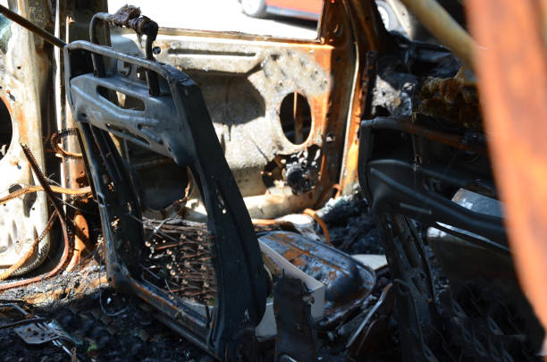 wreck of a burned out car after an accident.