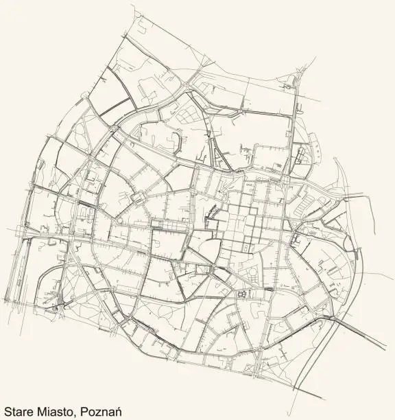 Vector illustration of Street roads map of the Stare Miasto district of Poznan, Poland