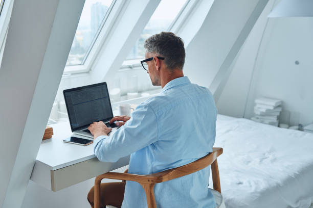 istock Rear view of confident mature man working on laptop 1332146062
