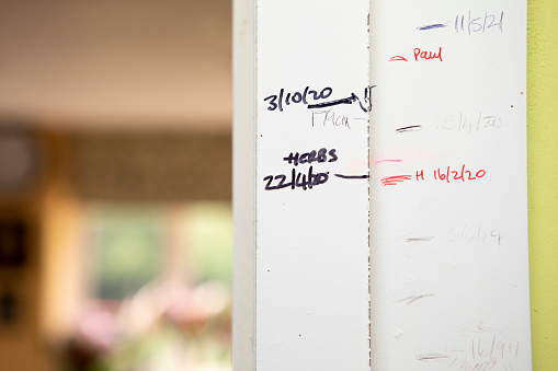 Height marks and dates  on a door frame