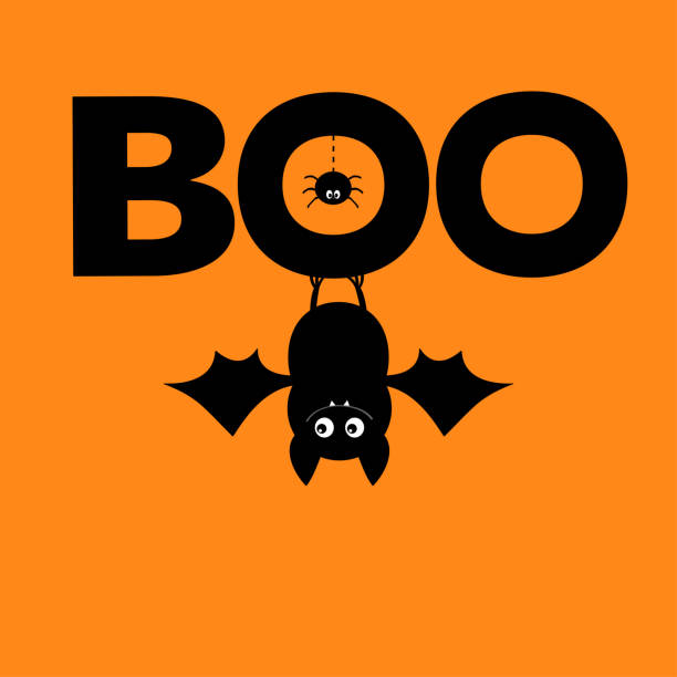 istock Happy Halloween. Hanging bat. Boo text with spider.Cute cartoon white scary spooky character set. Smiling face, wings. Orange background. Greeting card. Flat design. 1332146507
