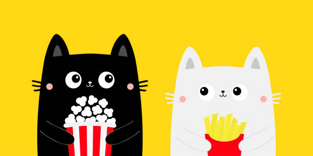 Cat set. Popcorn, french fries. Cute cartoon funny character. Black White kitty. Cinema theater. Film show. Kittens watching movie. Kids print for notebook cover. Yellow background. Flat design Cat set. Popcorn, french fries. Cute cartoon funny character. Black White kitty. Cinema theater. Film show. Kittens watching movie. Kids print for notebook cover. Yellow background. Flat design Vector kitten wallpaper stock illustrations