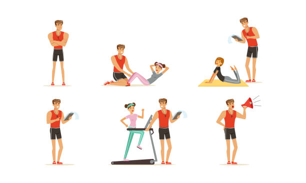 Personal Gym Coach or Instructor Training People Characters Vector Set Personal Gym Coach or Instructor Training People Characters Vector Set. Man and Woman Engaged in Workout and Fitness Exercises Under Control of Professional Trainer Concept Fitness Activities to Shake Off Restlessness stock illustrations