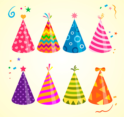 Birthday hat illustrations. Birthday cap illustrations. Colored party hats isolated on festive bacground. Vector collection for events decoration.
