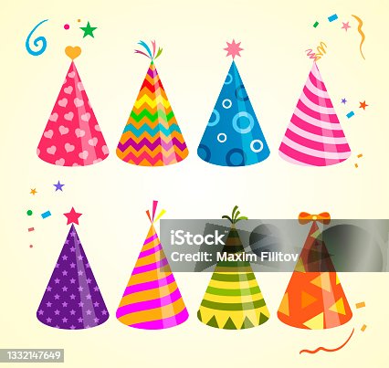 istock Birthday hat illustrations. Birthday cap illustrations. Colored party hats isolated on festive bacground. Collection 1332147649