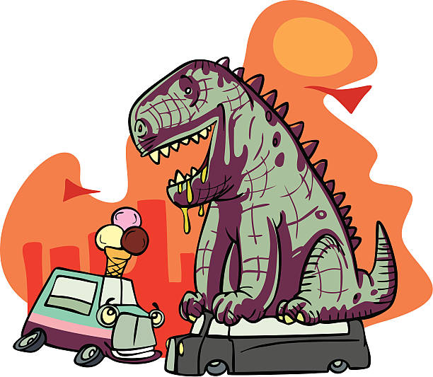 Godzilla Vector illustration of a Godzilla monster who seating on bus, and look on the ice cream truck. godzilla vector stock illustrations