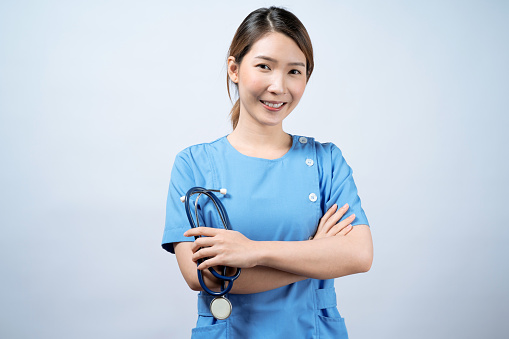 Happy Asian nurse woman smile face, Isolated on white background.