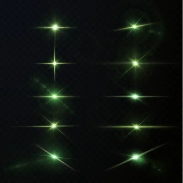 Vector illustration of Shining green stars isolated on black background. Effects, lens flare, shine, explosion, golden light, set. Shining stars, beautiful golden rays. Vector illustration