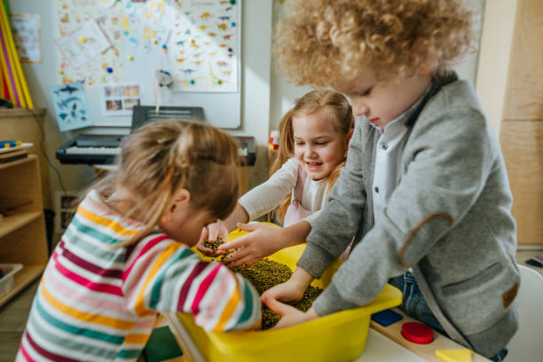 istock Preschool students playing with raw mung beans in kindergarten 1332150959