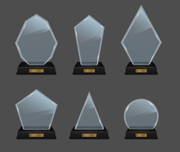 istock Realistic glass trophy award, golden winner prizes 1332151073