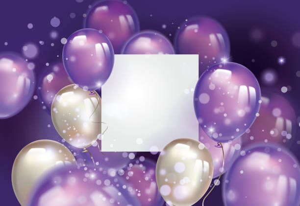 ilustrações de stock, clip art, desenhos animados e ícones de flying pearl and ultraviolet balloons, with free space on the paper banner and blurred lighting glitters. birthday background with purple balloons. - vector love jewelry pearl