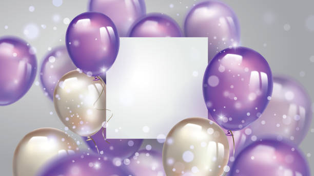 ilustrações de stock, clip art, desenhos animados e ícones de flying pearl and ultraviolet balloons, with free space on the paper banner and blurred lighting glitters. birthday background with purple balloons. - vector love jewelry pearl