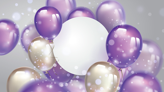Flying pearl and ultraviolet balloons, with free space on the paper banner and lighting glitters. Birthday background with purple balloons.