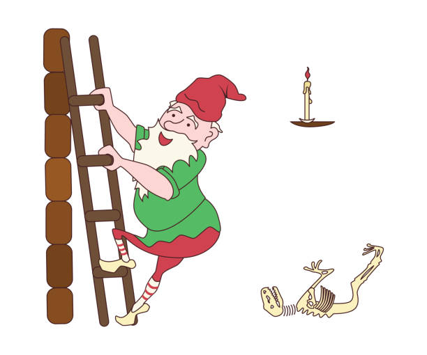 śmieszne słodkie mitologiczne gnome wspina się z jaskini po drabinie - gnome troll wizard dwarf stock illustrations