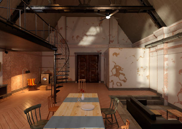 istock 3D illustration old industrial style apartment 1332153817