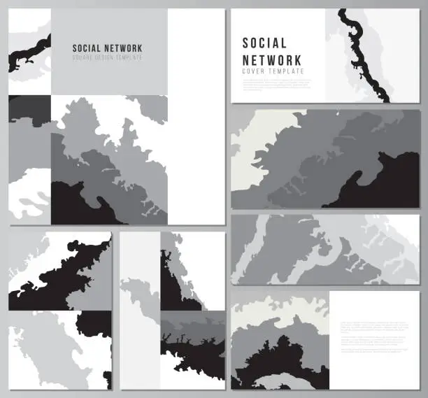 Vector illustration of Vector layouts of modern social network mockups in popular formats for cover design, website design, website backgrounds, advertising. Landscape background decoration, halftone pattern grunge texture.