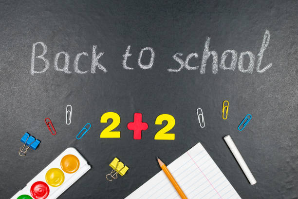 istock Multicolored colorful numbers, counting sticks, math signs on a chalkboard. Back to school. Concepts. School supplies on a chalkboard. View from above. 1332155259