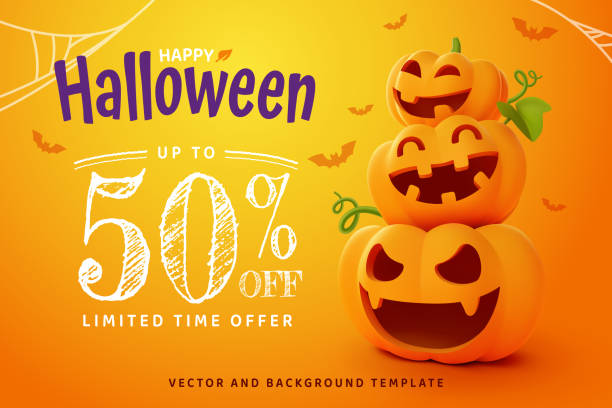 happy halloween, smilling jack-o'-lantern pumpkin on orange background - halloween stock illustrations