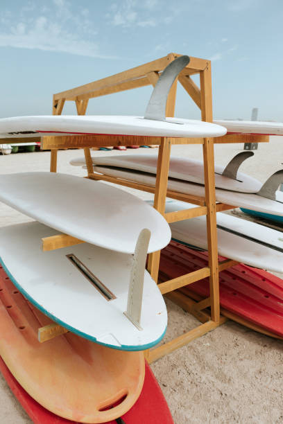 istock Surfboards stacked on the rack on a beach 1332156681