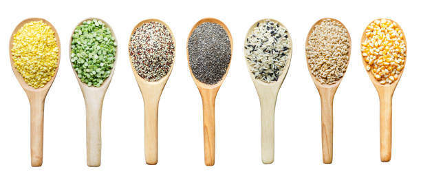 Group of dry organic cereal and grain seed pile in wooden spoon consisted of mung bean, quinoa, chia seed, rice, barley, and corn, isolated on white background Group of dry organic cereal and grain seed pile in wooden spoon consisted of mung bean, quinoa, chia seed, rice, barley, and corn, isolated on white background carbohydrate food type photos stock pictures, royalty-free photos & images