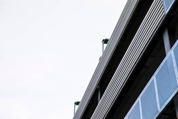istock Close-up section of modern urban architecture, viewed from a low angle, with copy space 1332157984