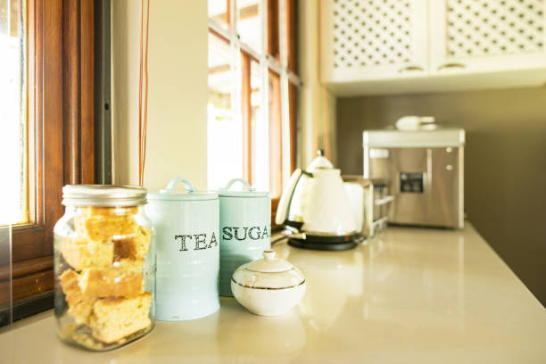 Close-up of a collection of breakfast ingredients sitting on the countertop of a kitchen in a bed and breakfast