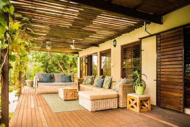 istock Comfortable sofa on a patio outside on a sunny afternoon 1332158457