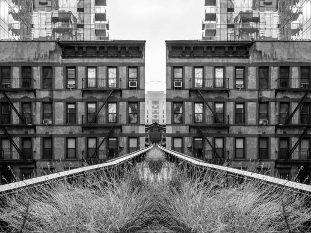 istock Mirrored image of an apartment building at sunset 1332159497