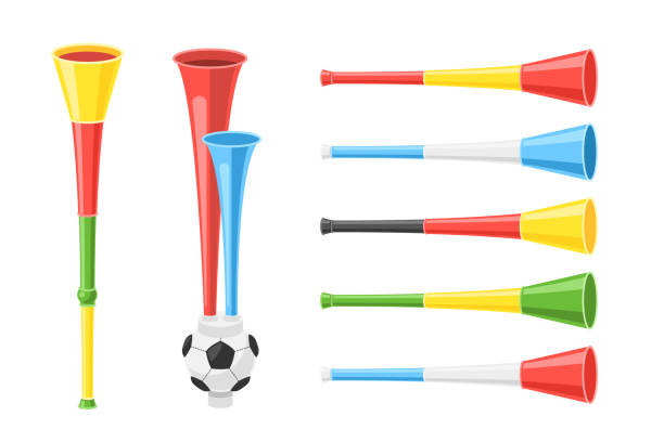 Football soccer fan trumpet for team support set Football soccer fan trumpet for team invitation and support. Set of different musical loud cheering speaker, vuvuzela pipe, blowing tube vector illustration isolated on white background vuvuzela stock illustrations