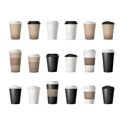 Realistic paper or plastic disposable coffee cup with lid