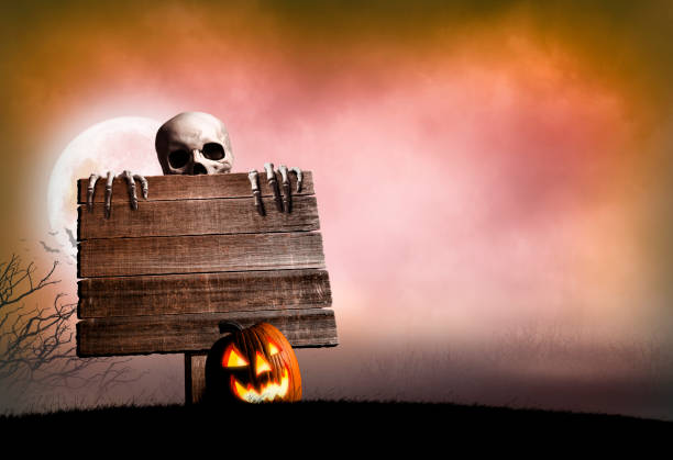 istock Skeleton Peeking Out From Behind Old Weathered Sign 1332161009