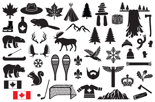 Canada vector icons set (maple leaf, hockey, mountain, tree, beaver, polar bear, grizzly, waterfall, hockey stick, puck, goal, moose, ranger or mountie hat, skates, snowflake, flag, snowshoe, scarf)