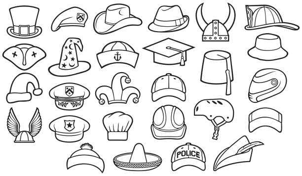 Different types of hats thin line icons set vector art illustration